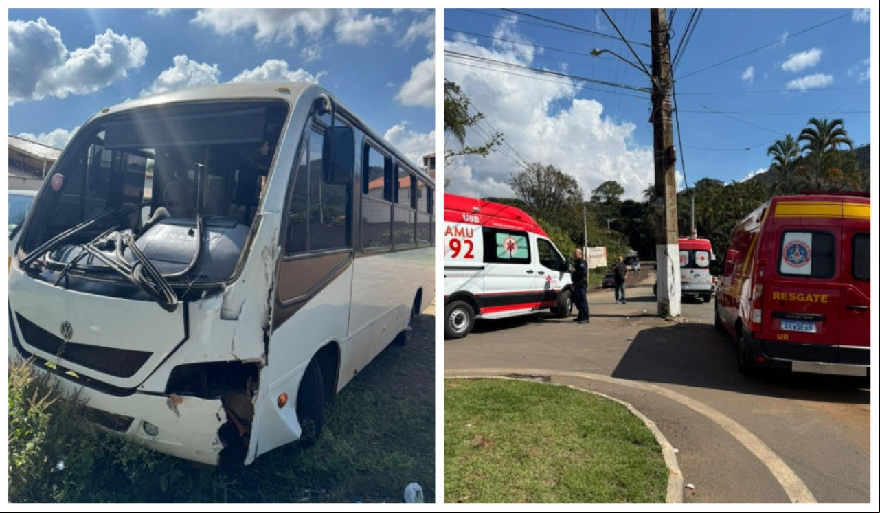 Frente do micro-ônibus ficou danificada após colisão com poste em Sabará