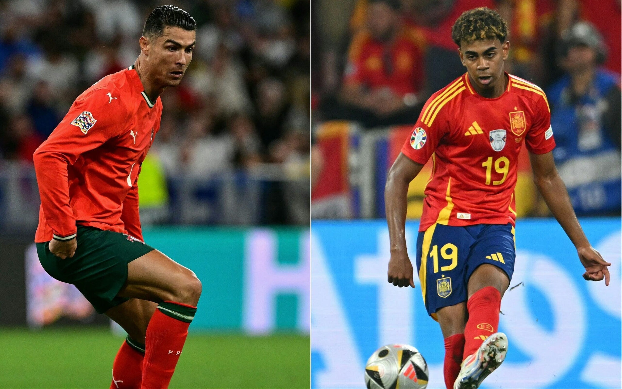 Cristiano Ronaldo e Lamine Yamal se enfrentam pela primeira vez no futebol profissional (Fotos: Tobias Schwarz e Fabrice Coffrini/AFP)